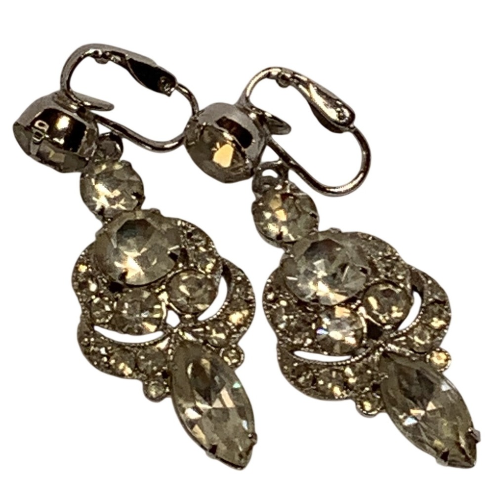 Eisenberg Ice Rhinestone Dangle Clip On Earrings Silver Tone Vintage - Picture 2 of 7
